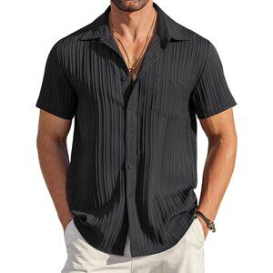 Men's Black Short Sleeve Knit Shirt Casual Button Down Shirt Vintage Beach Tops
